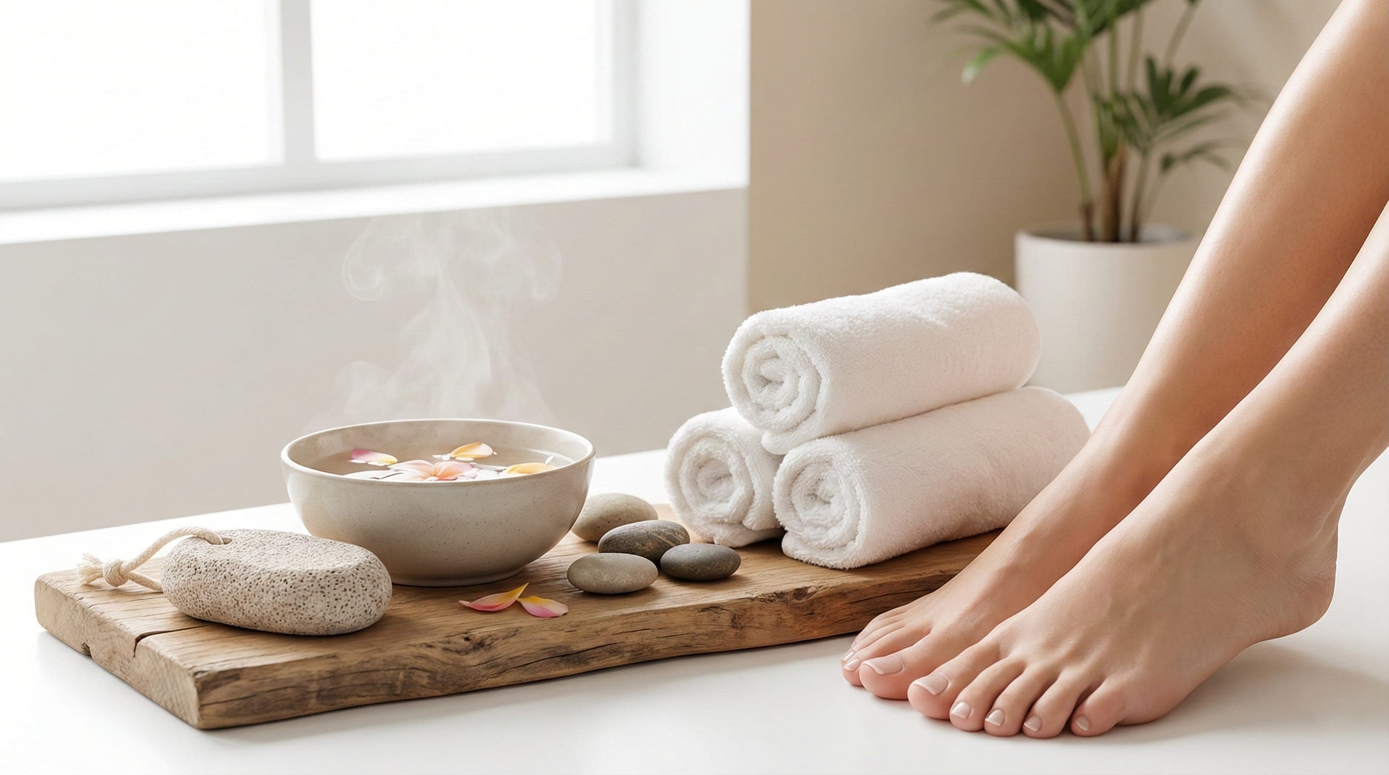 Natural pumice stone with foot care setup for exfoliating calluses and dry skin.