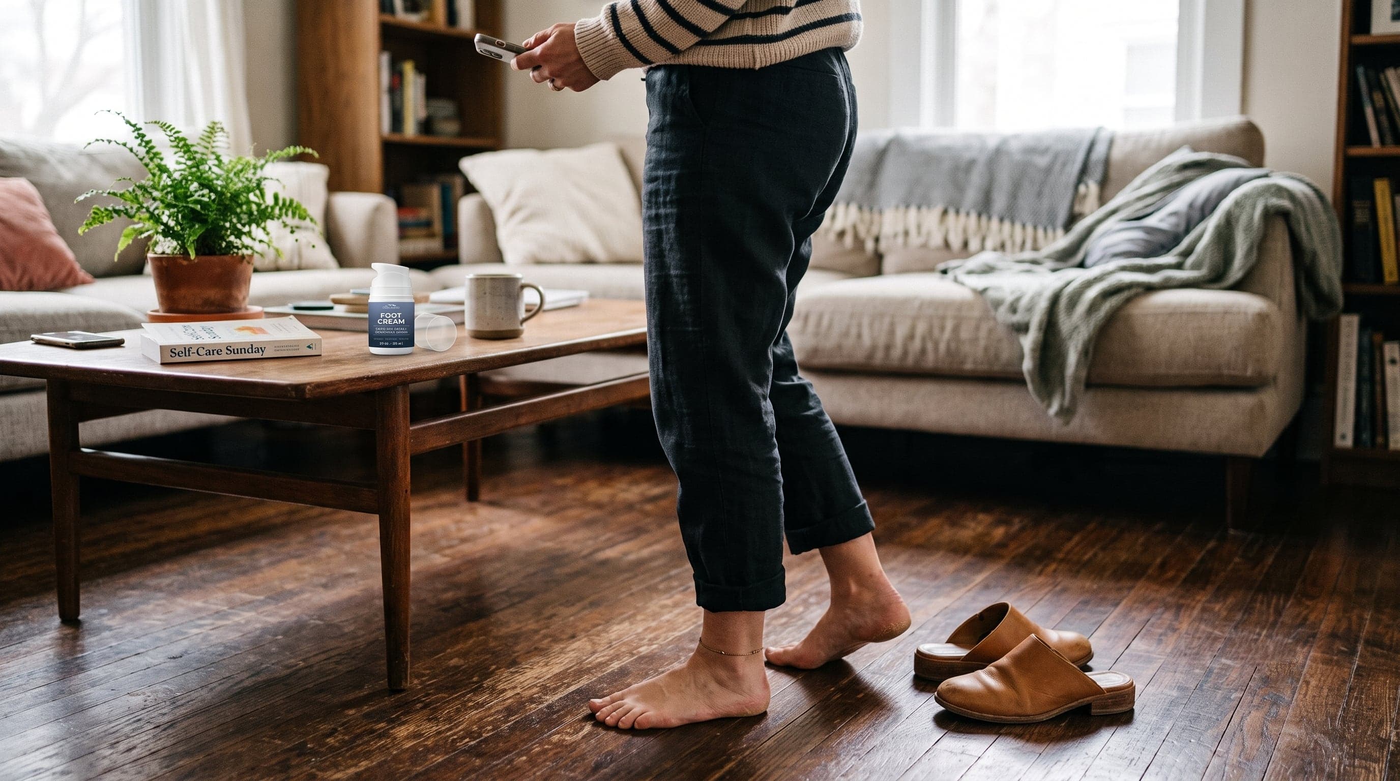 Everyday foot-care habits that contribute to rough feet, shown through shoes, hard flooring, and a neglected cream tube.