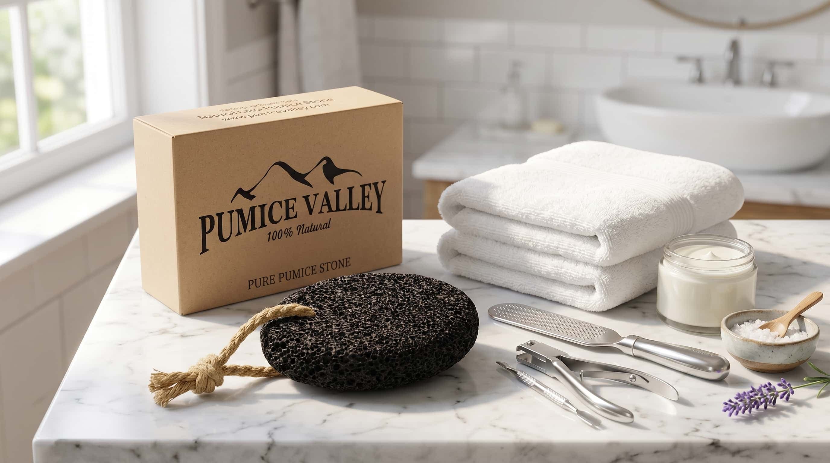 A natural pumice stone beside a towel and foot-care items on a bright bathroom surface.