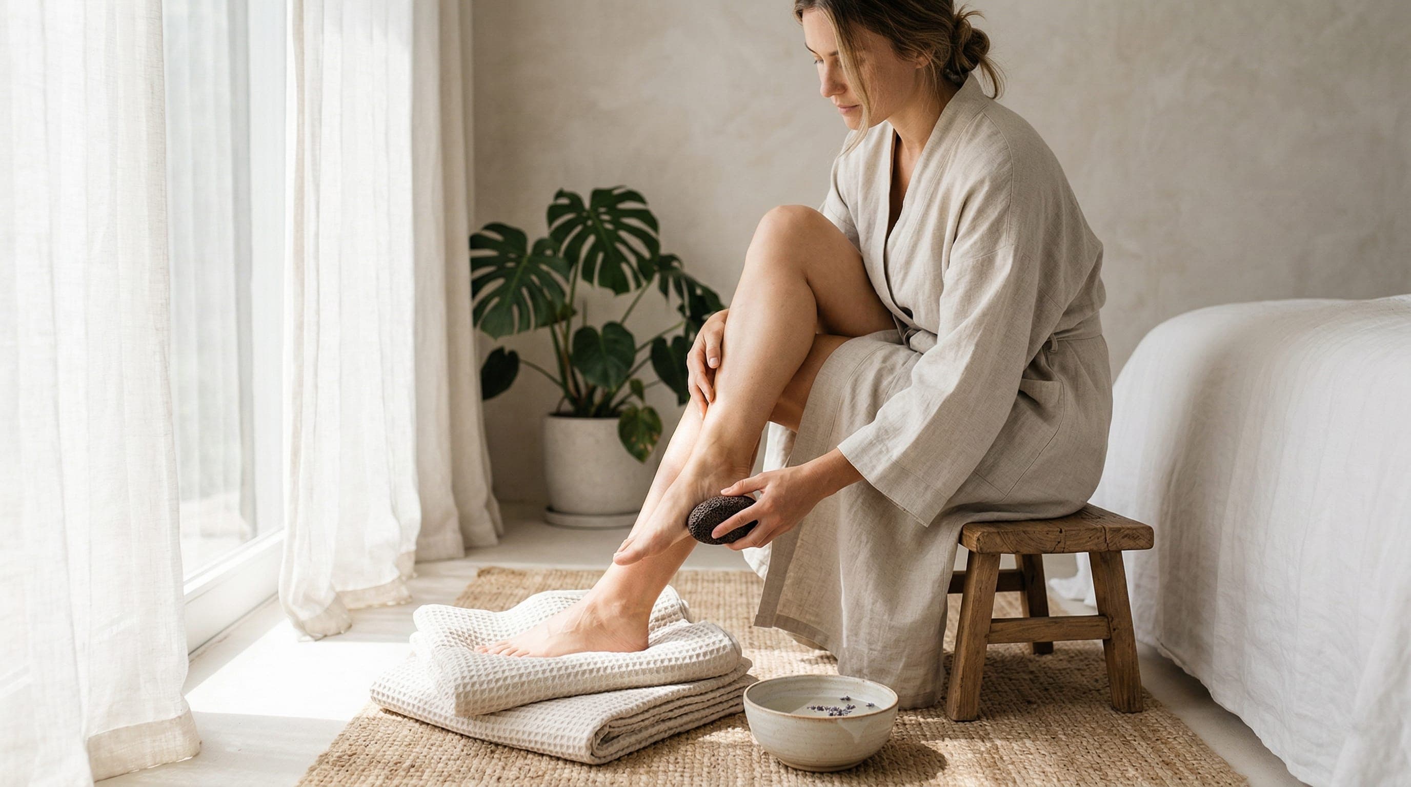 Summer foot care routine using pumice stone for dry and cracked heels