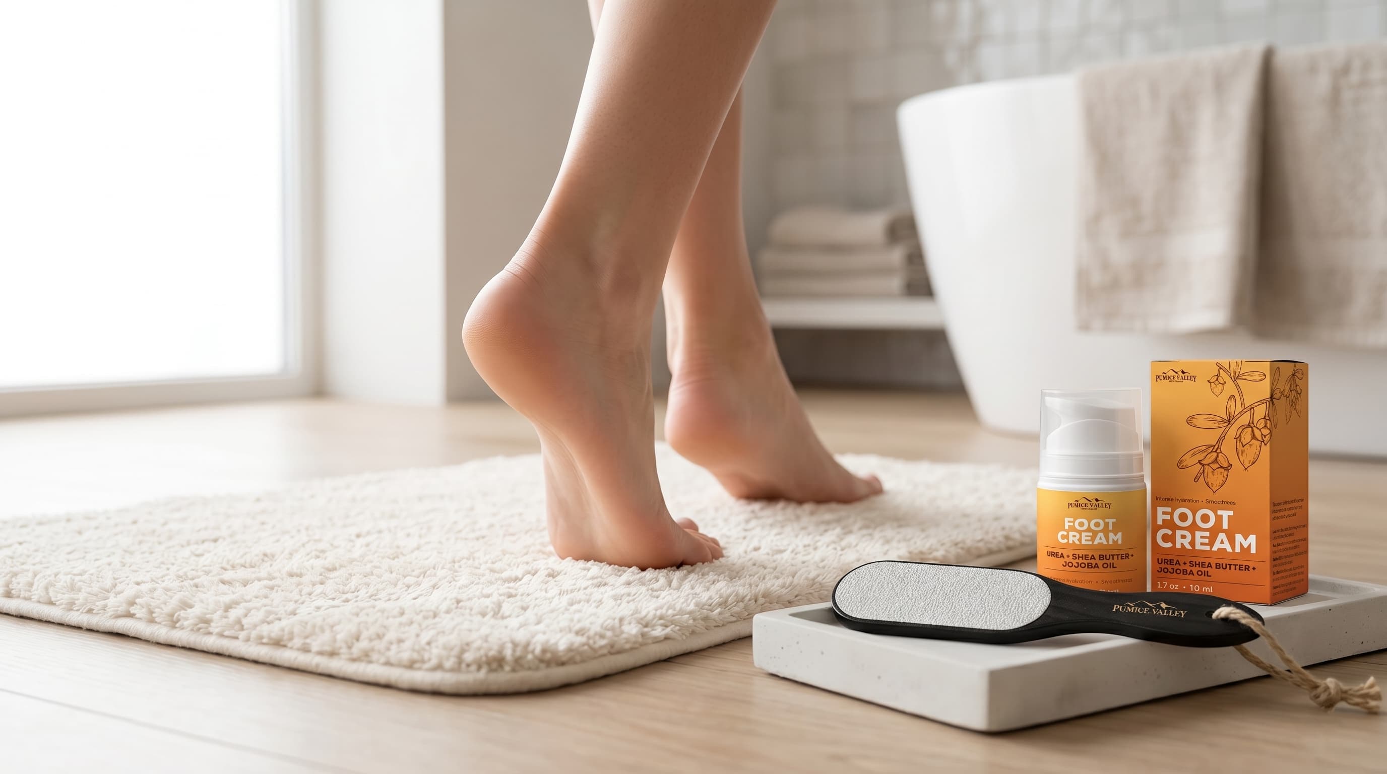 Healthy heels beside simple foot-care products in a bright bathroom.