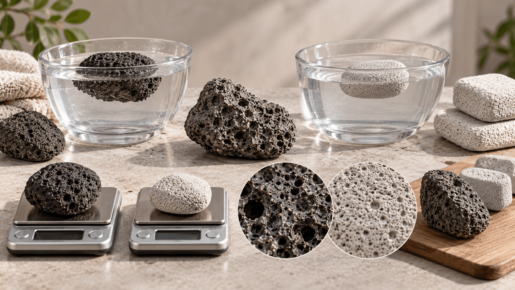 Porous stone samples with a scale, magnifier, and water glass prepared for a consumer materials comparison.