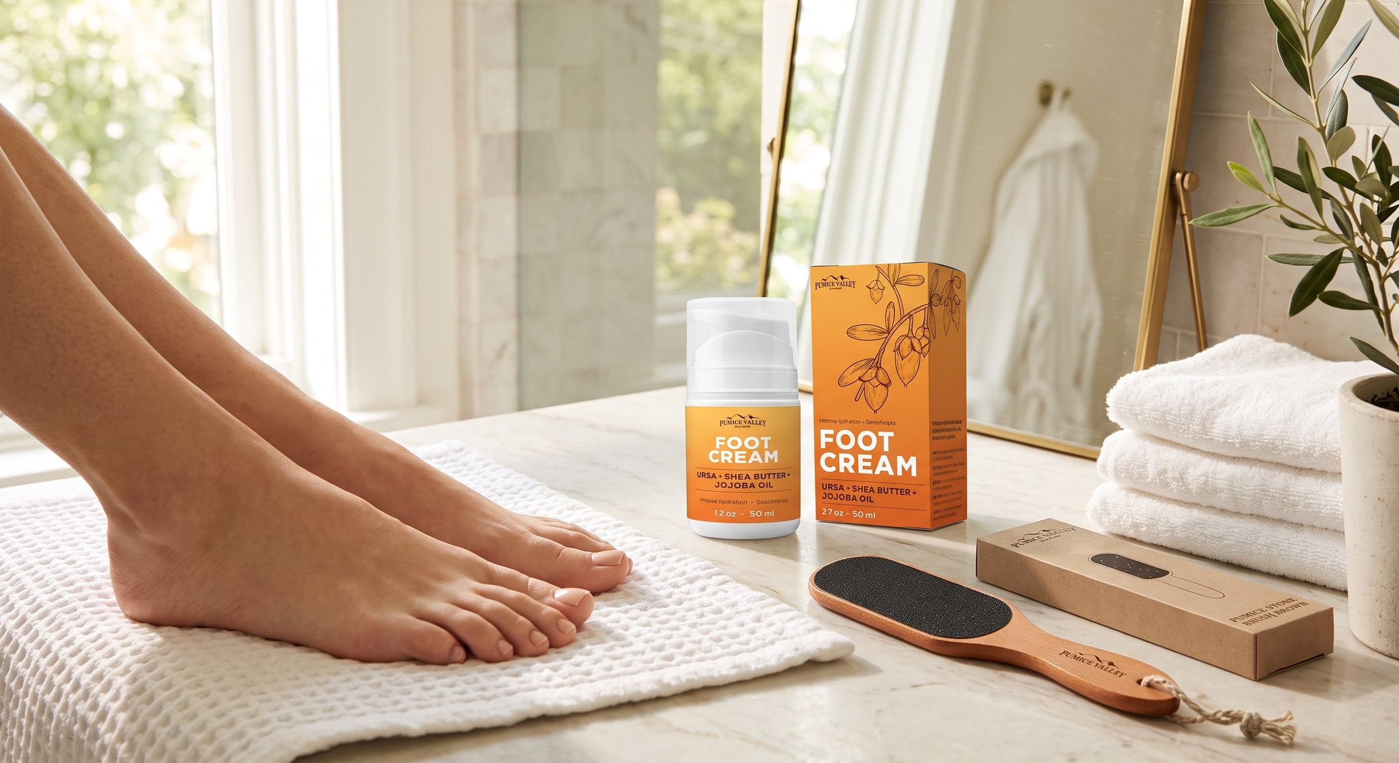 Bare feet beside common beauty products, illustrating how foot care is often overlooked compared with face, hand, and hair care.