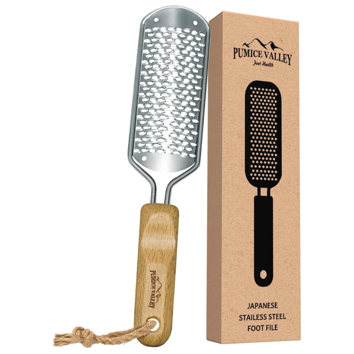 Professional stainless steel foot rasp with wooden handle for removing rough heel buildup.