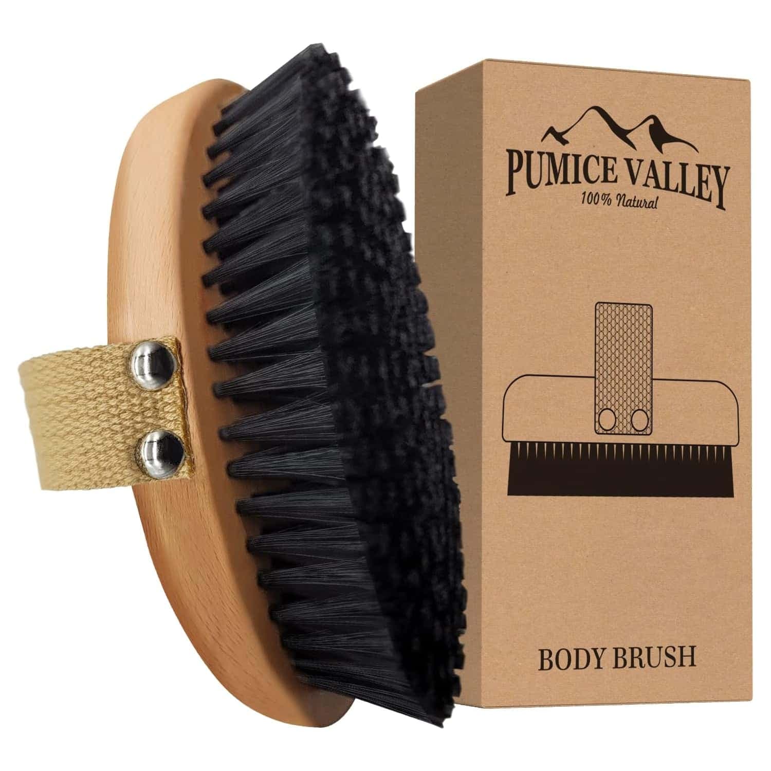 Natural wood dry body brush with firm bristles for exfoliating and softening skin.