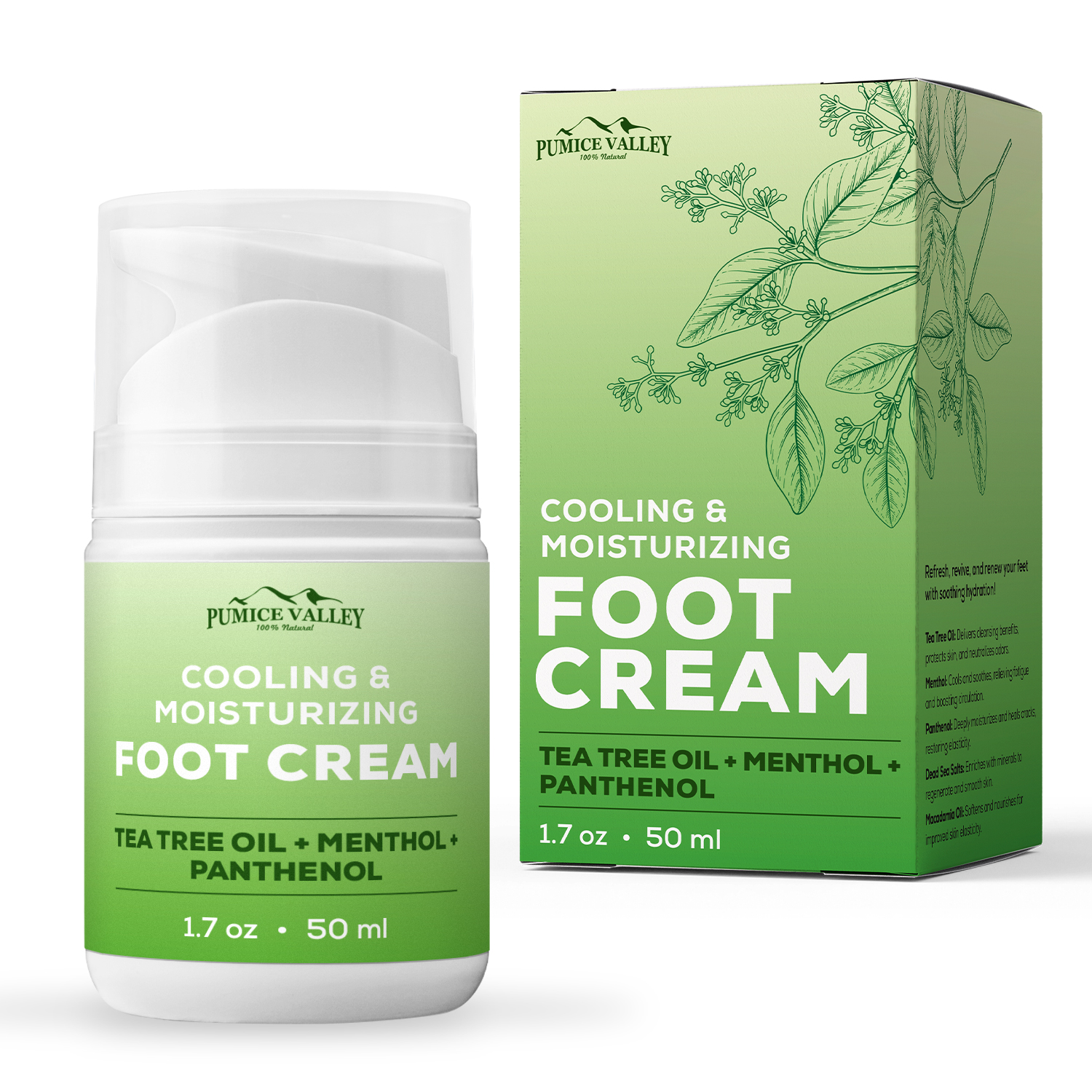 Pumice Valley Foot Cream for Dry Cracked Feet Panthenol, Tea Tree Oil, Menthol 1.7 Oz